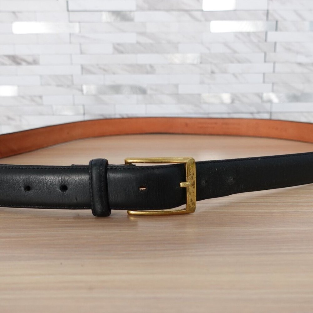 VINTAGE Leather Dress Belt Mens 44 Black JOS A BANK Classic Solid Brass Buckle